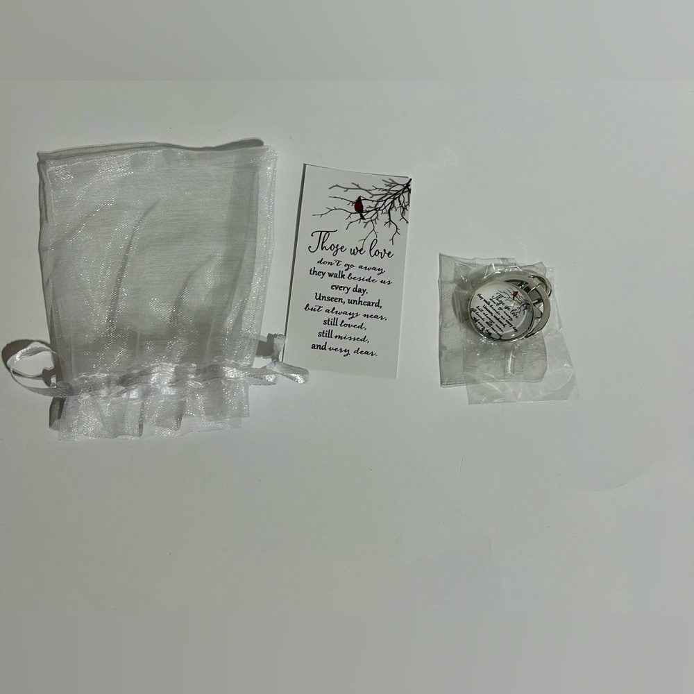 Those We Love Sentiment Keychain Trinket Silver Drawstring Bag Sentimental Card